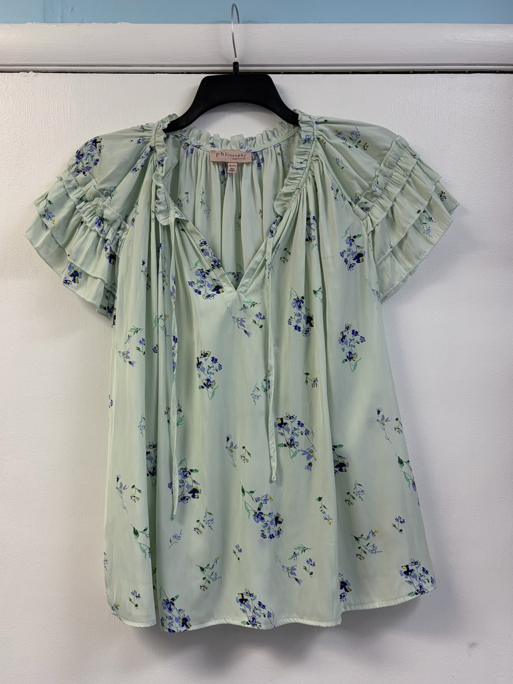 Philosophy Light Green Floral Ruffle Sleeve Tie-Front Blouse